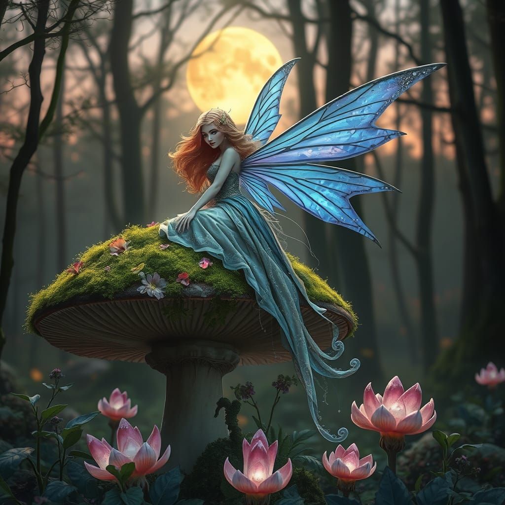 Enchanted Forest Fairy with Glowing Mushroom, Photorealistic