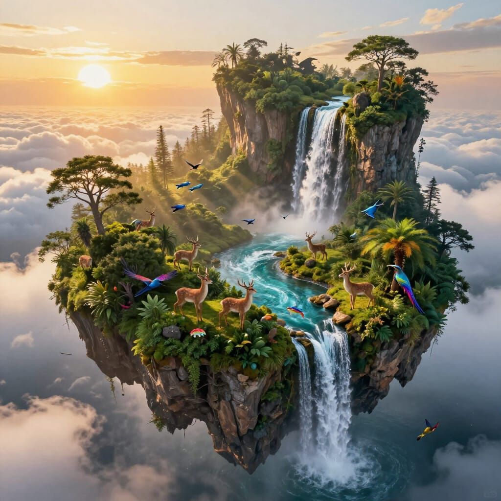 Floating Island Paradise Above Clouds at Sunset
