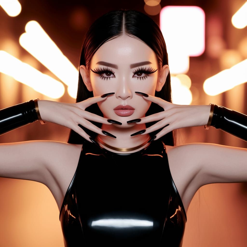 Asian Beauty in Neon Glow with Latex Outfit