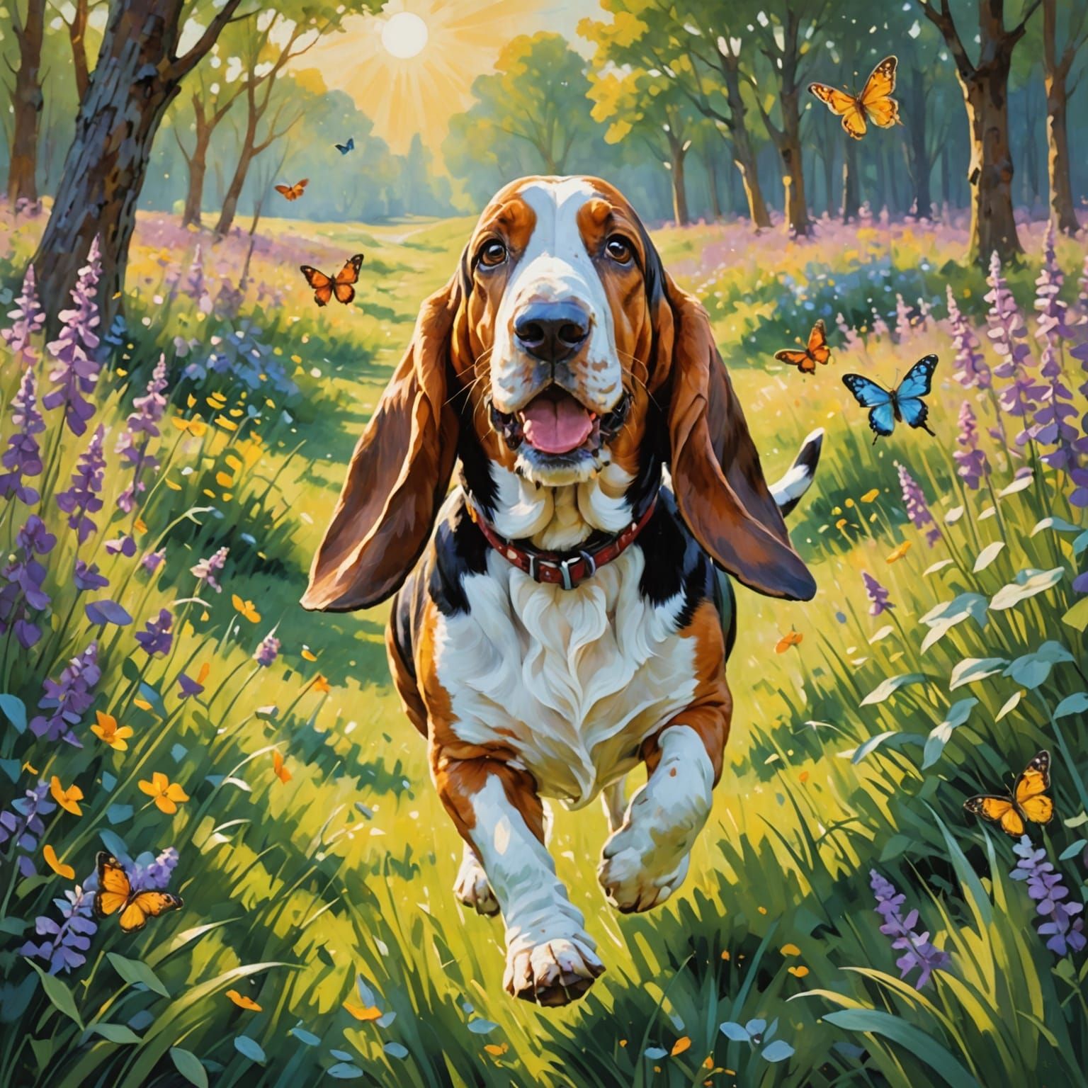 Basset Hound Chasing Butterfly in Impressionist Style