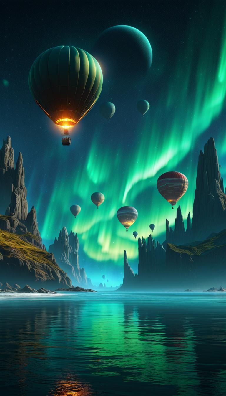 Aurora Borealis Over Ocean with Hot Air Balloons