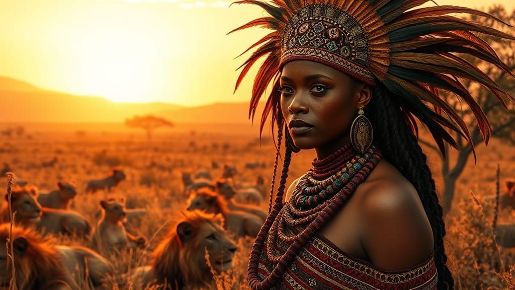 Savanah Goddess with Lions at Sunset