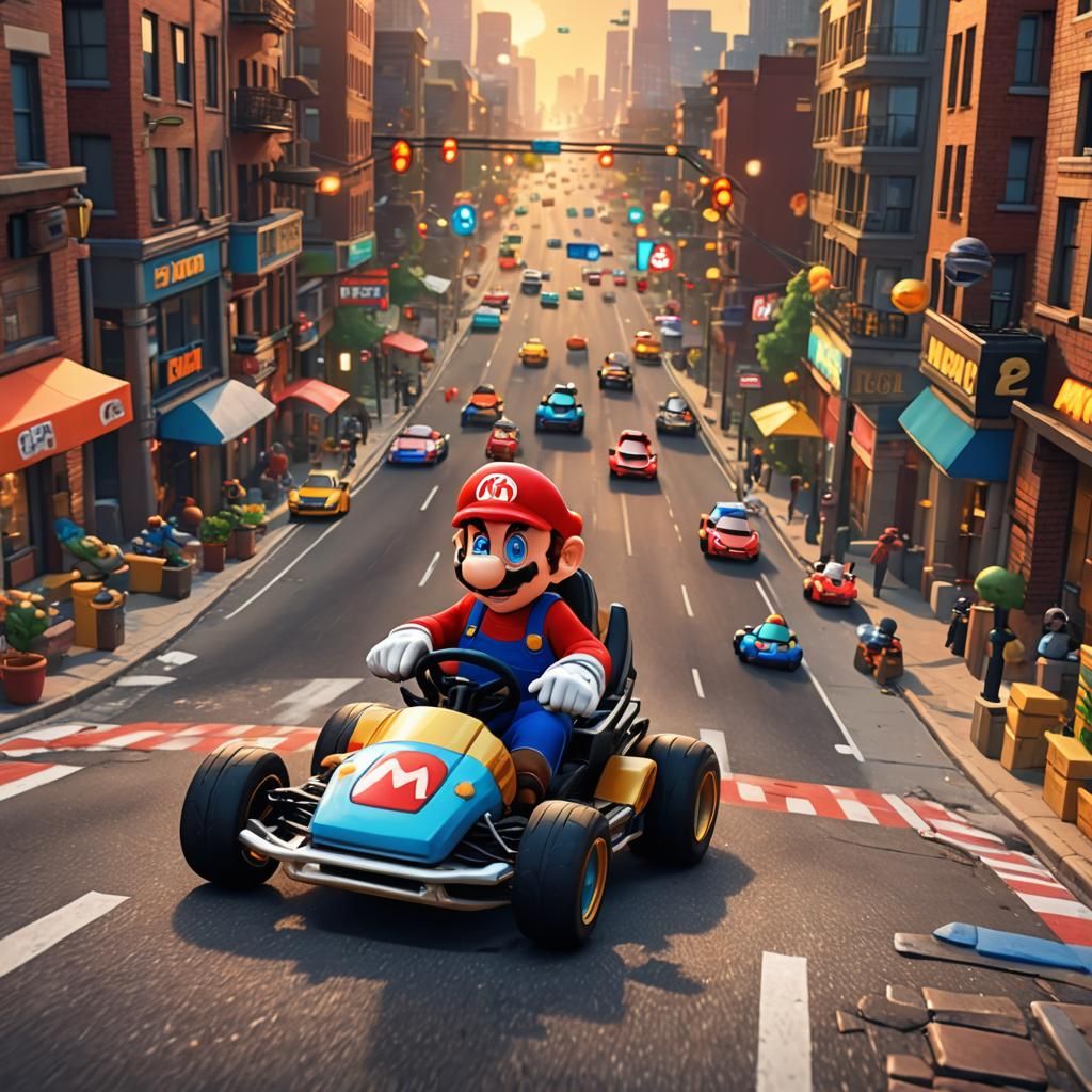 Mario Go-Kart Chase in Pixar Animation Style