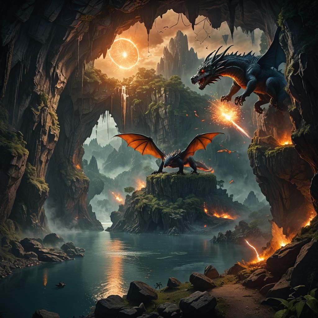 Majestic Dragon in Cave with Underground Forest