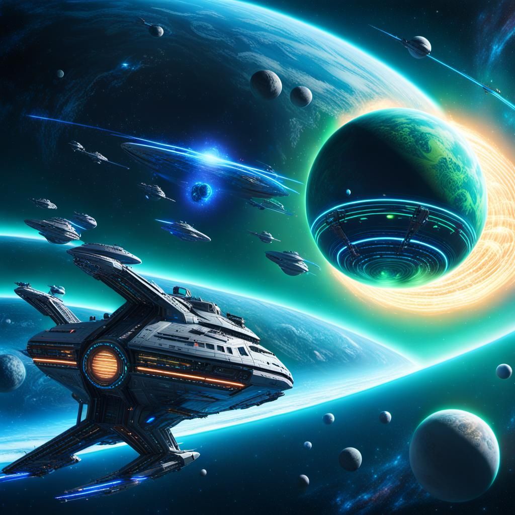 Neon Starship Orbiting a Ringed Planet