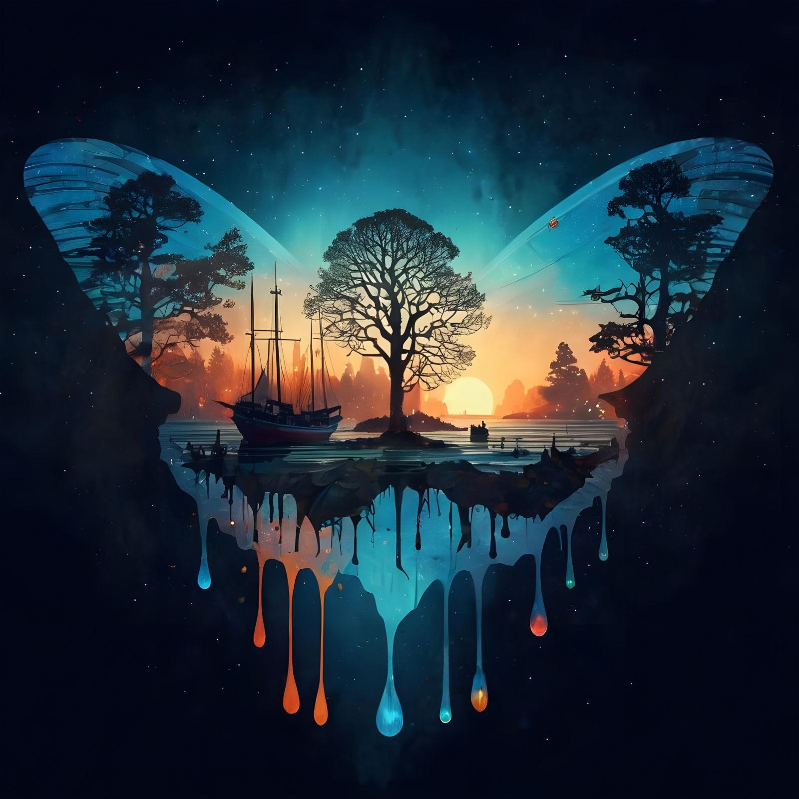 Cosmic Dreamlands: Luminous Moth Silhouette Amidst Galaxy an...