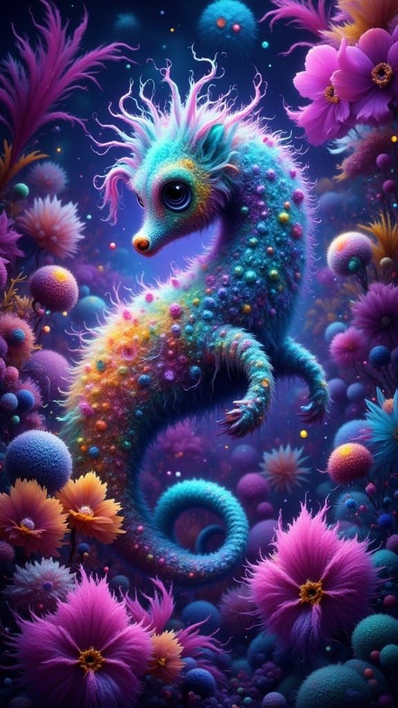 Iridescent Seahorse in Bioluminescent Crystal Cavern