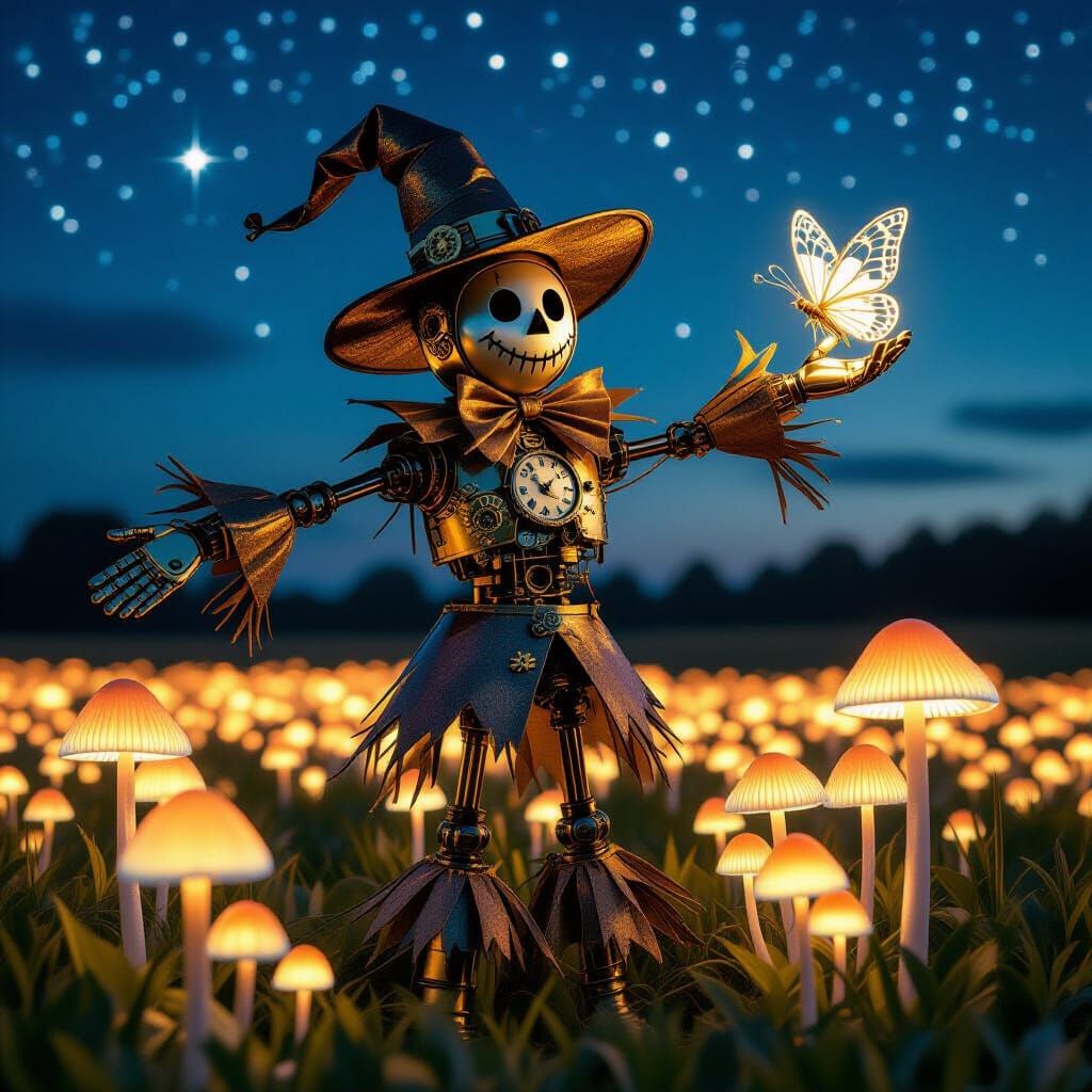 Steampunk Brass Scarecrow Amidst Glowing Mushrooms