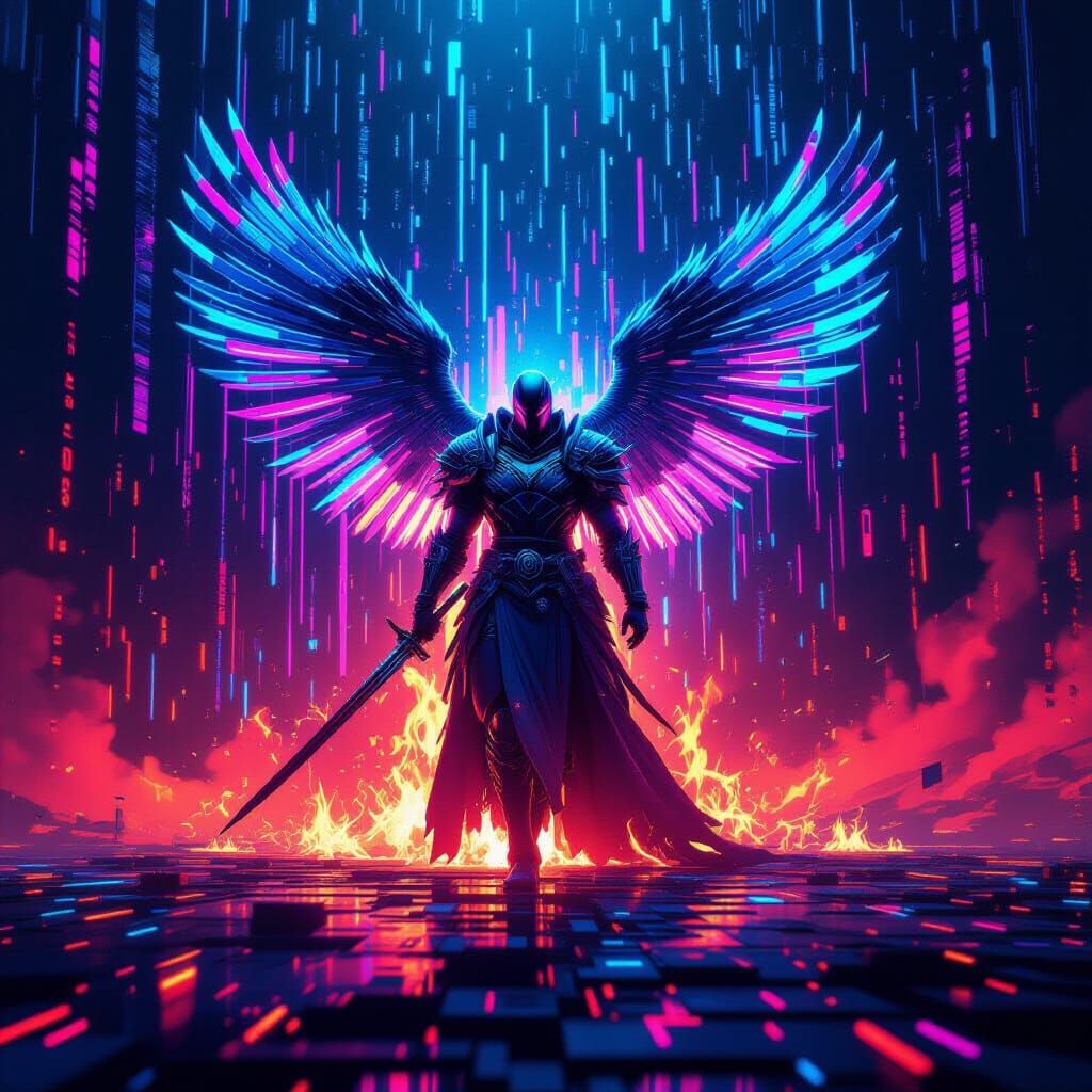 Cyberpunk Warrior Rising from Digital Inferno