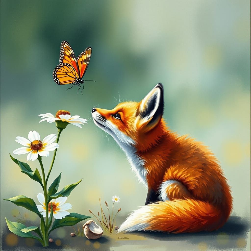 Gouache Masterpiece of a Fox and Butterfly