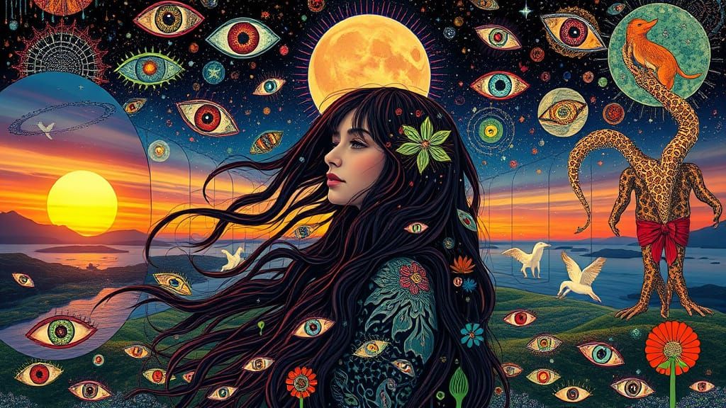 Surreal Cosmic Dreamscape with Glowing Mythical Creatures