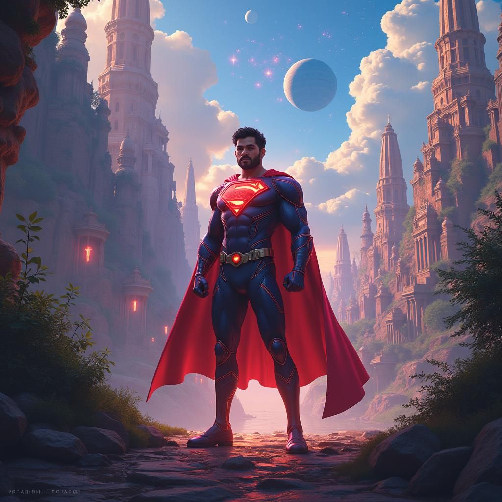 Indian Superhero in Mystical Cityscape, Fantasy Art
