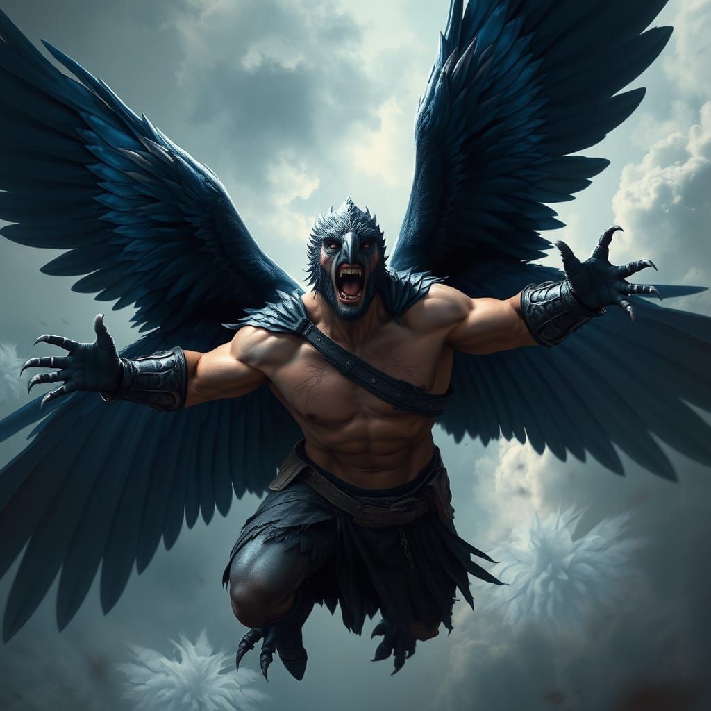 Dark Fantasy Warrior with Raven Wings Soars Through Turbulen...