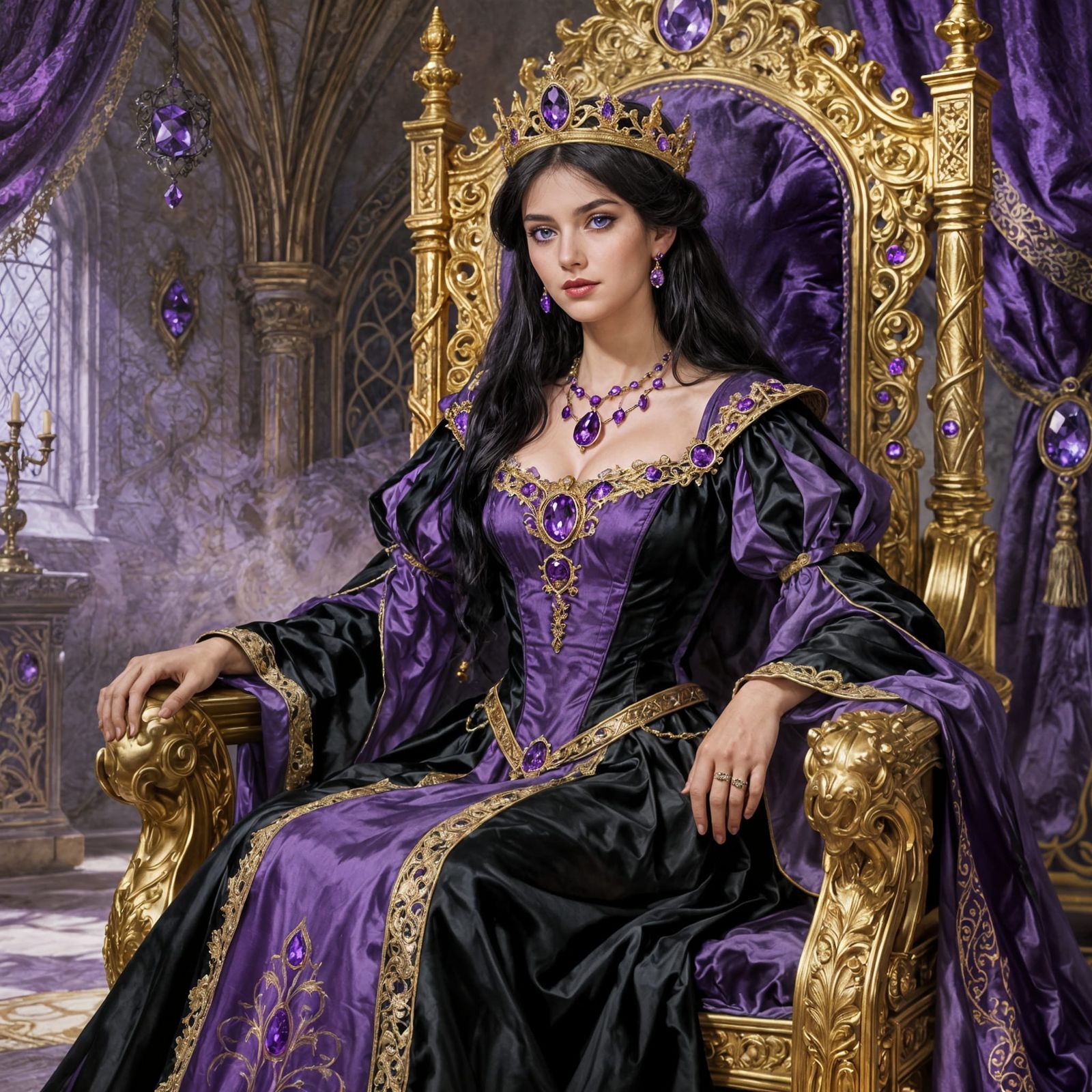 Beautiful Queen on Ornate Throne in Medieval Fairytale