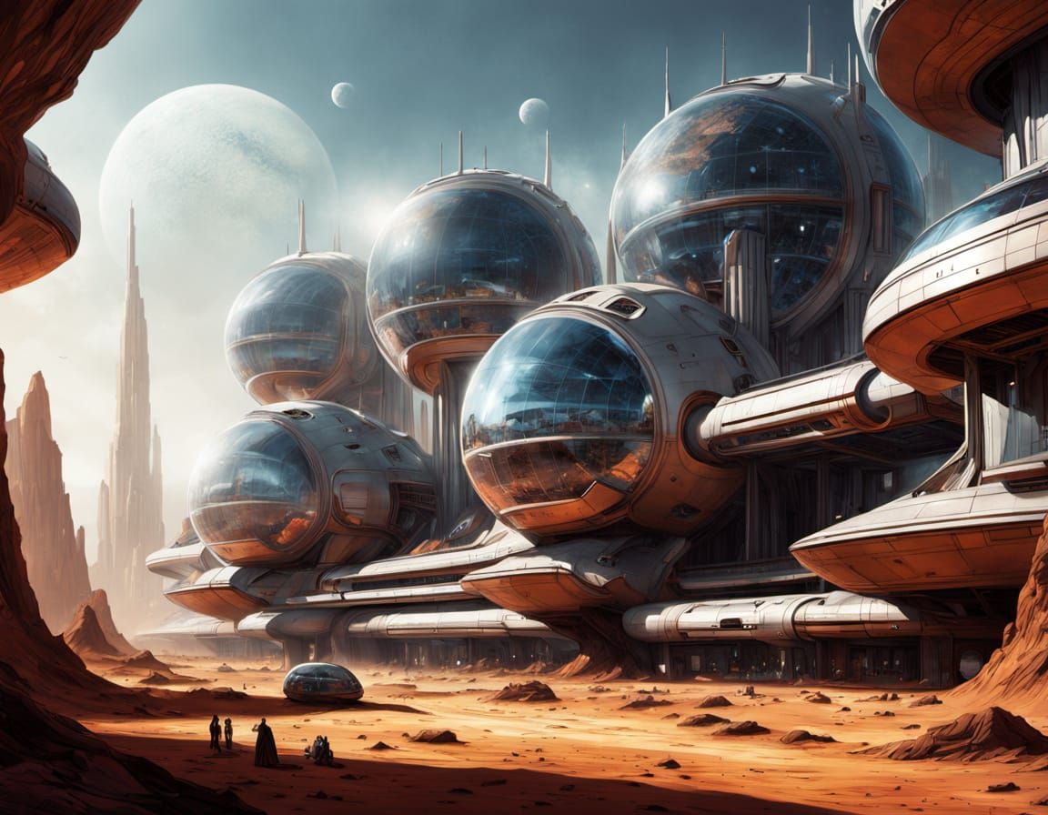 Futuristic Mars Oases Linked by Monorails