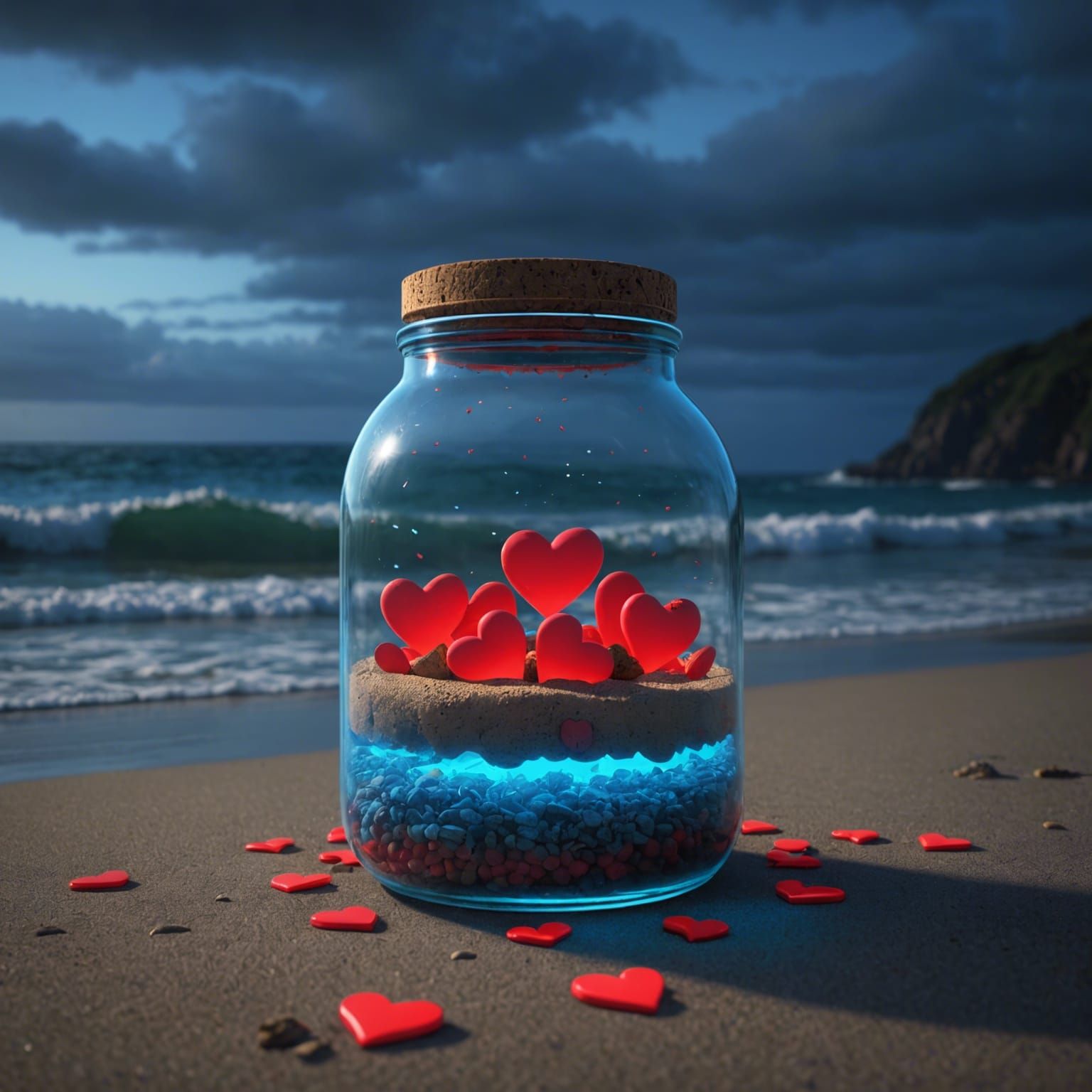 Neon Hearts in a Jar on Ocean Shore
