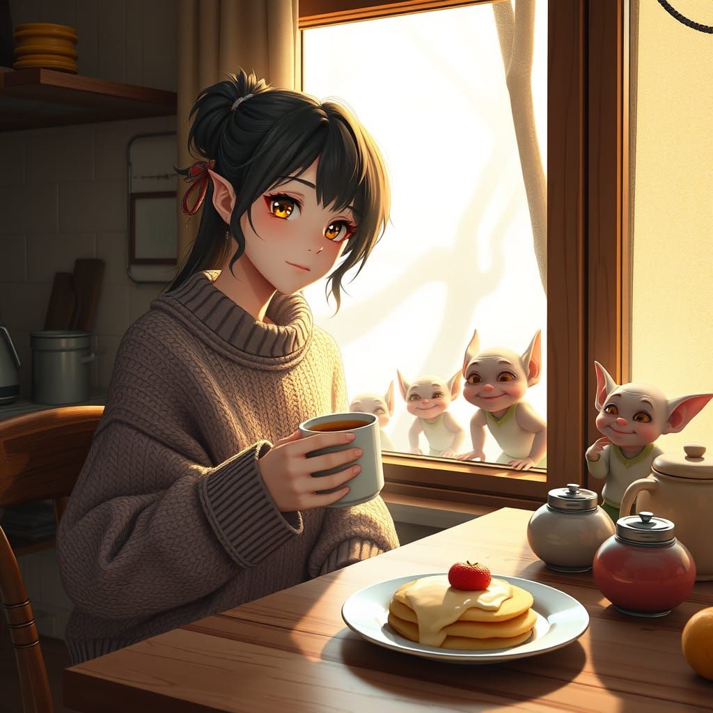 Woman with Pancakes and Hidden Goblins in Rustic Kitchen