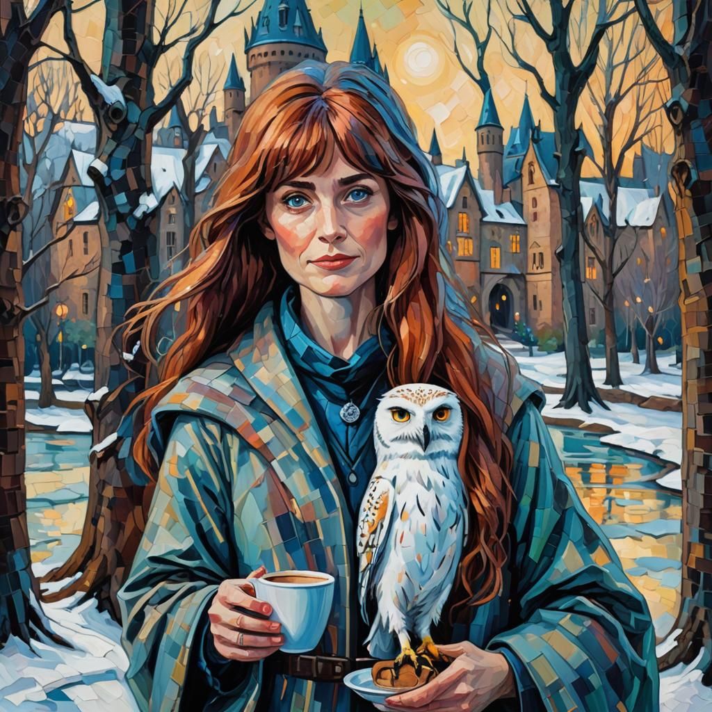 Wizard with Hedwig at Hogwarts in Neo-Impressionism Style