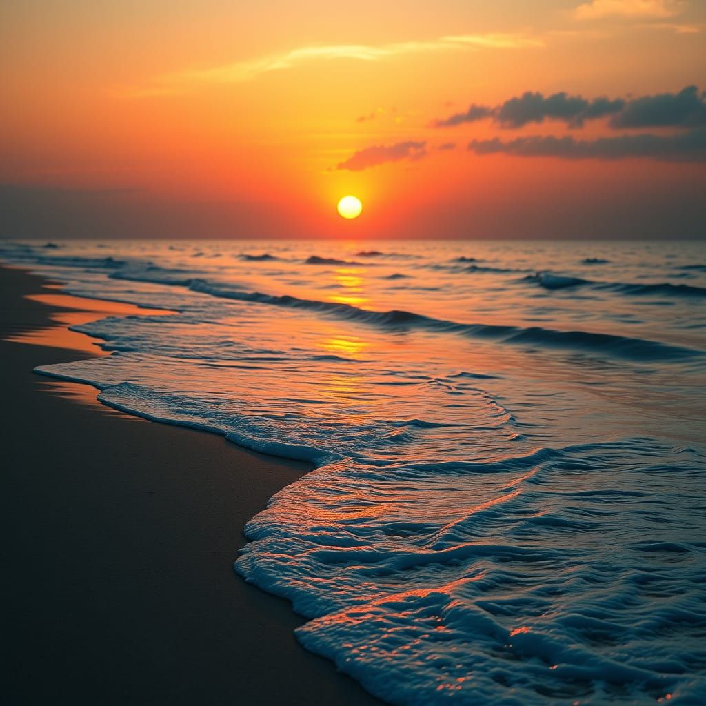 Serene Sunset Beach Scene in Vibrant Matte Painting Style