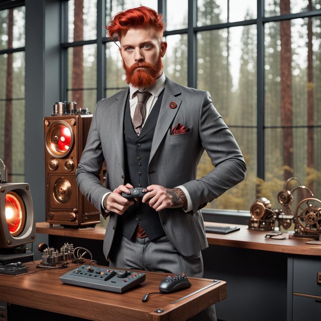 Hipster in Suit with Steampunk Engine