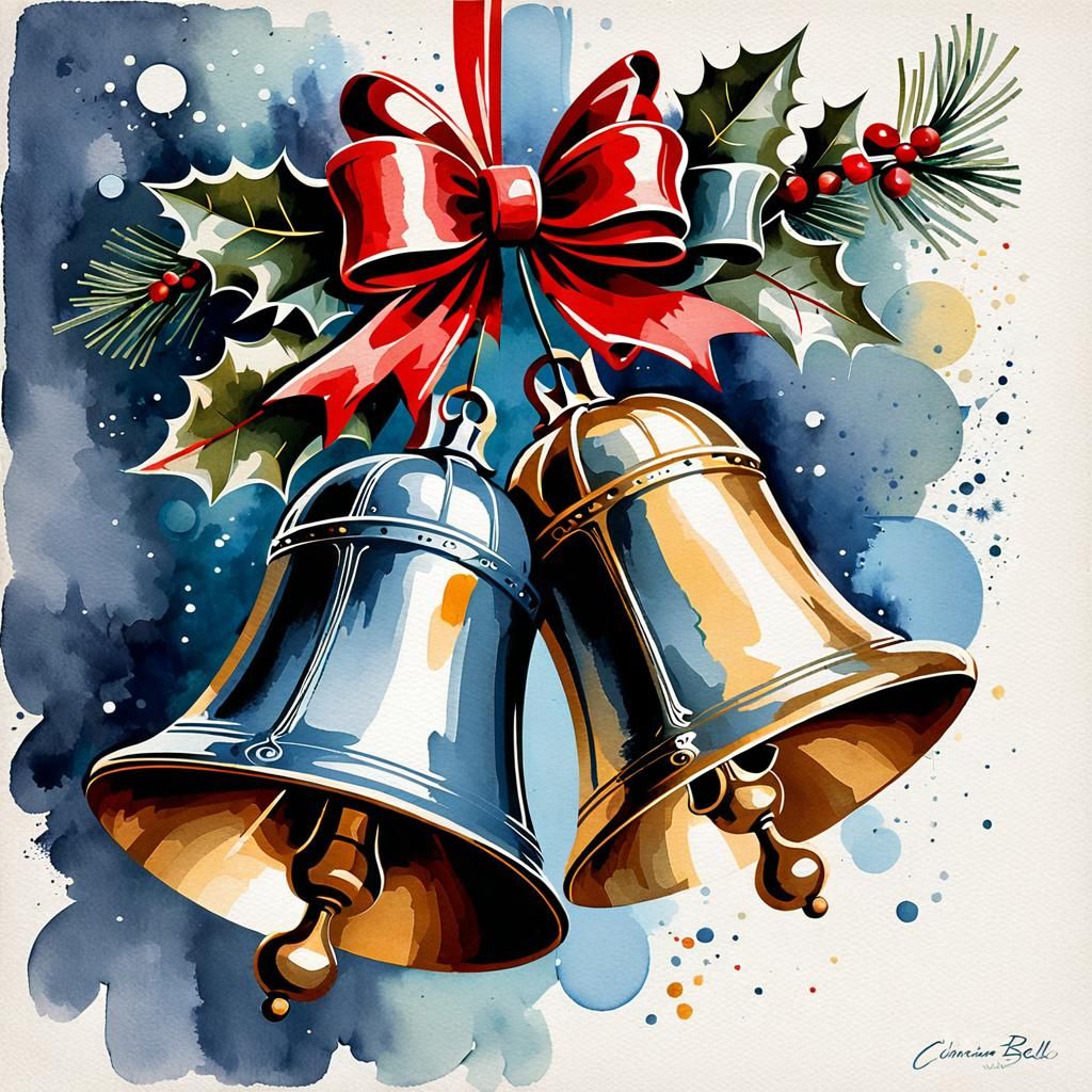 Vintage Style Christmas Bells in Retro Storybook Illustratio...