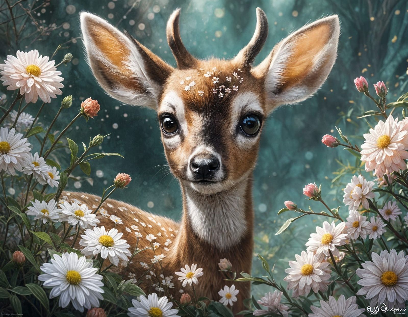 Adorable Baby Deer with Flowers in Rococo Style