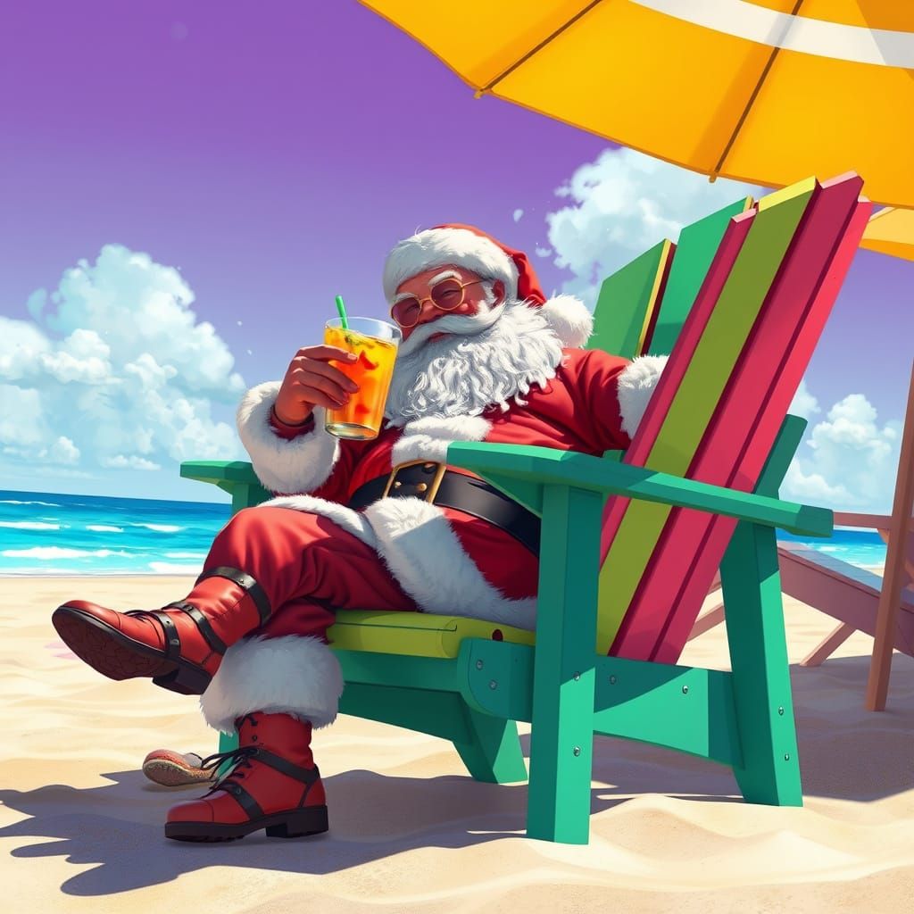 Santa Claus on Beach in Comic Book Style