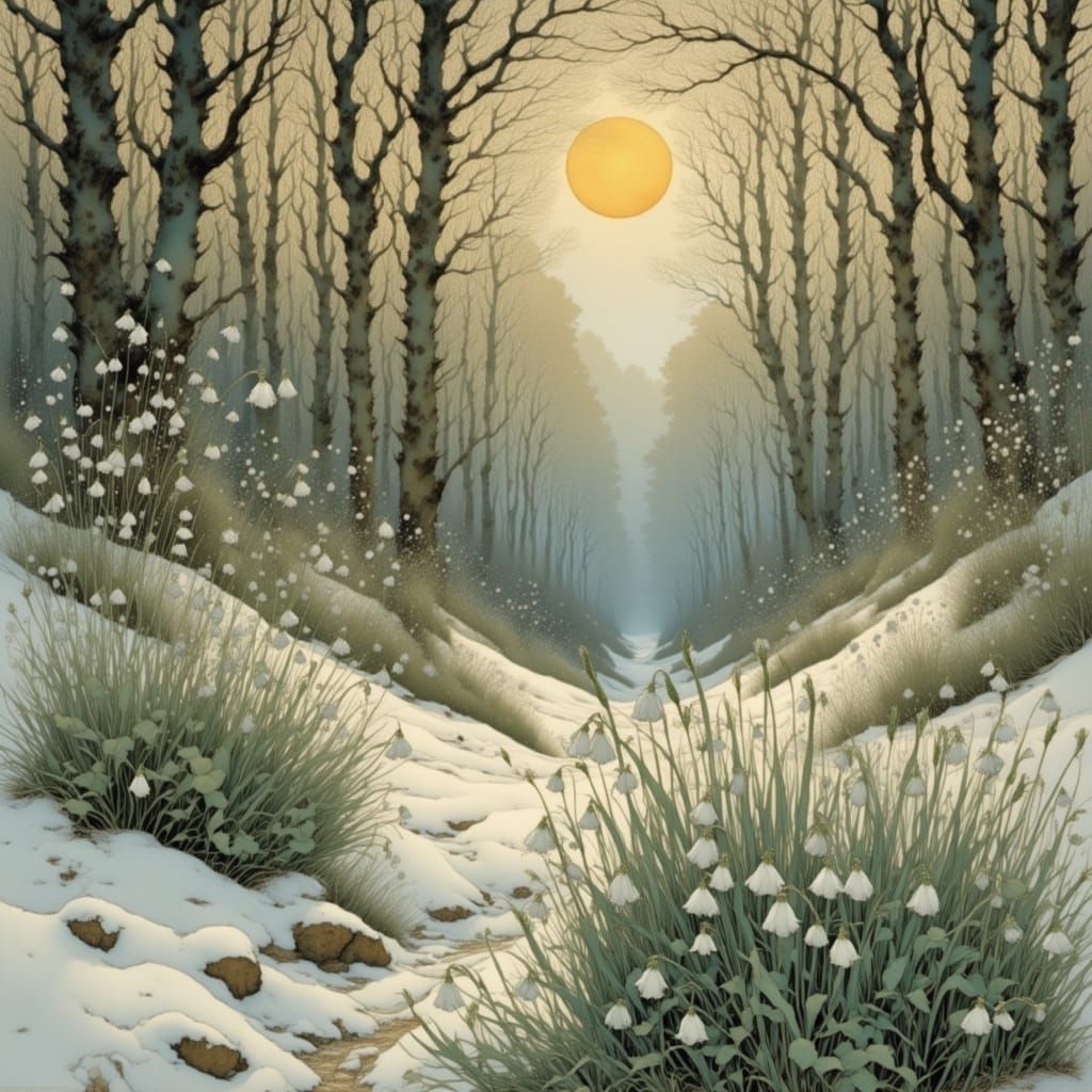 Delicate Snowdrops Emerge from Winter Landscape in Whimsical...