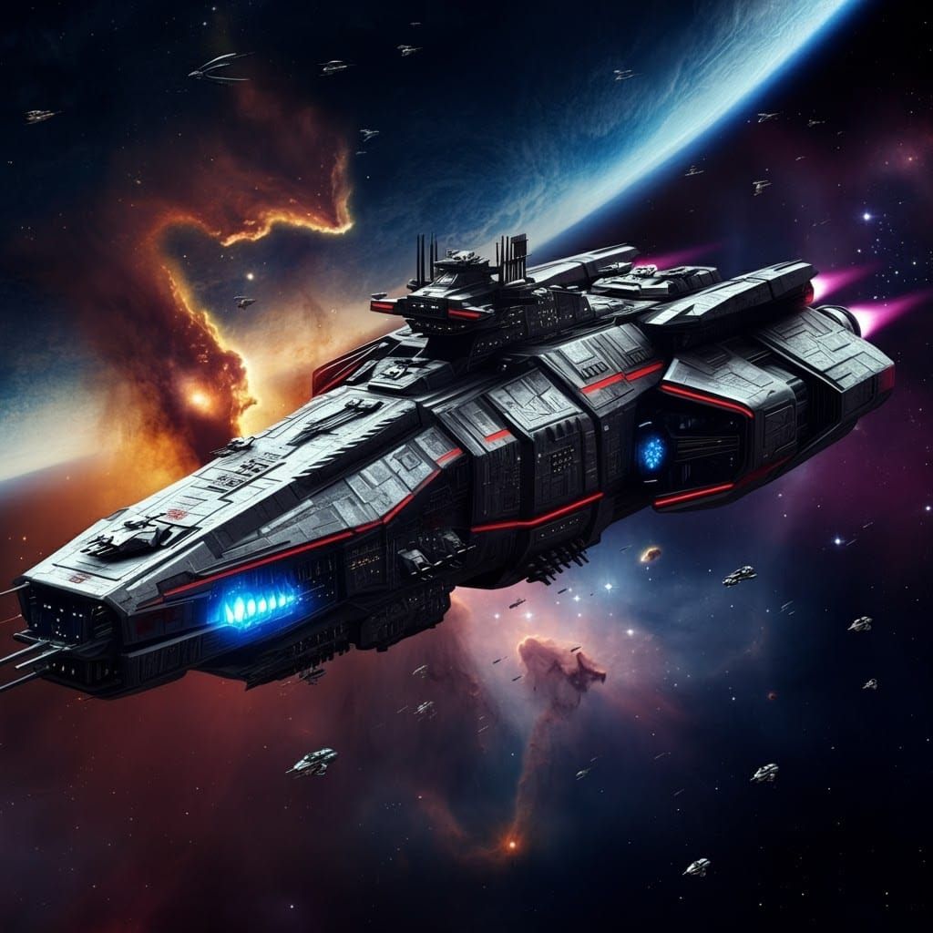 Futuristic Warship in Space with Laser Cannon