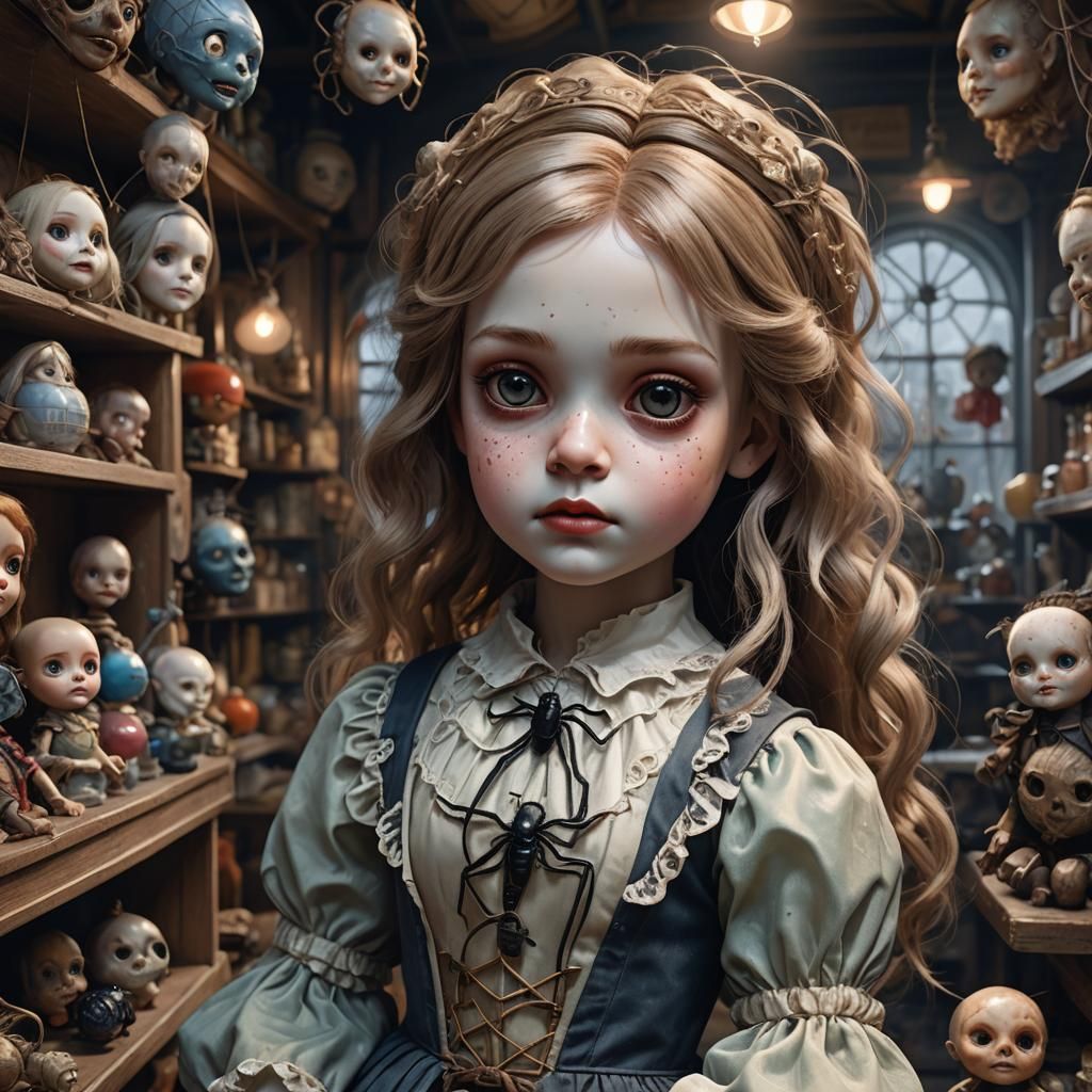 Eerie Porcelain Doll in Spooky Toy Shop