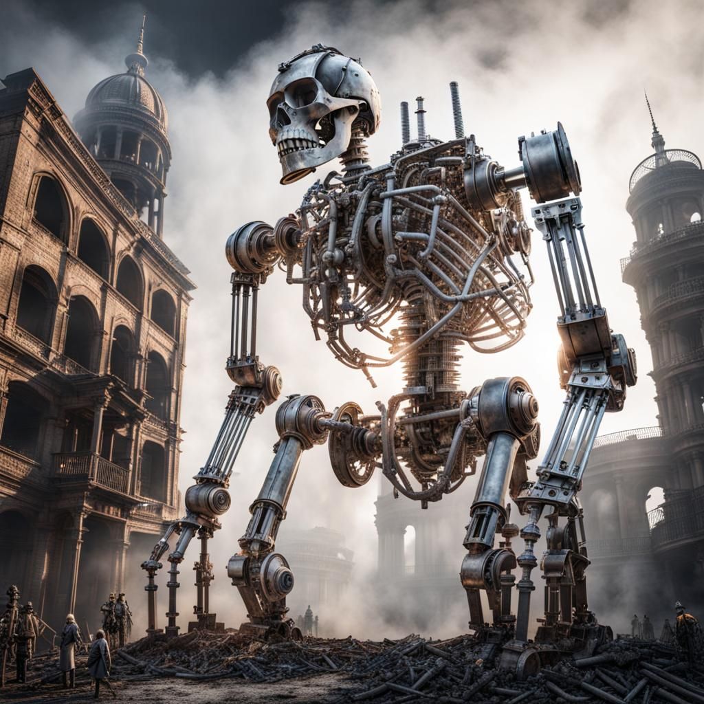 Imposing Mechanical Skeleton Above City Ruins