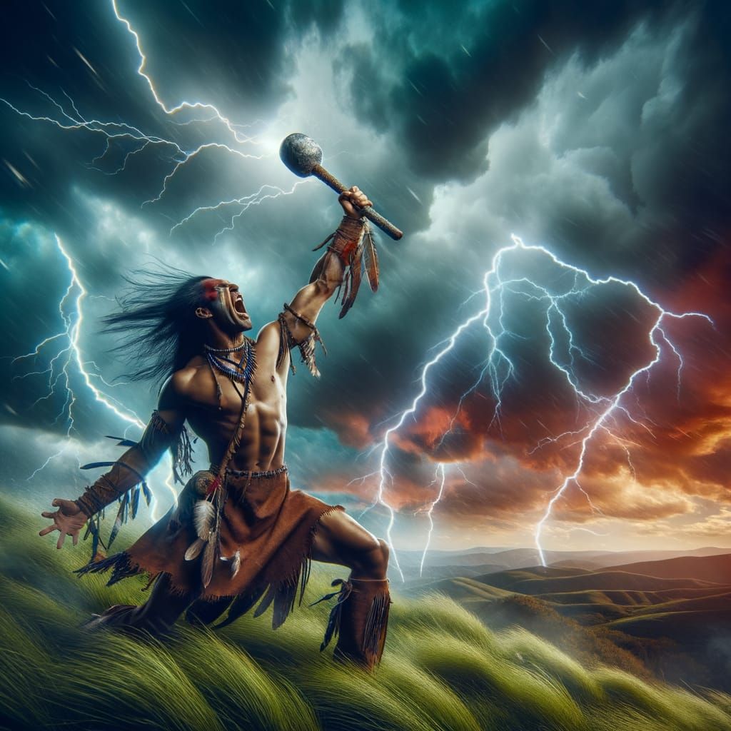 Indigenous American Warrior in Stormy Landscape