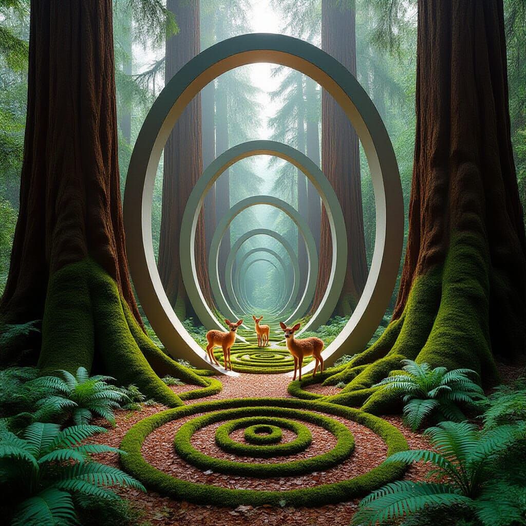 Redwood Forest With Geometric Arches and Deer