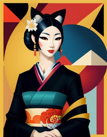 Geisha and Cat Portrait in Cubist Art Deco Style