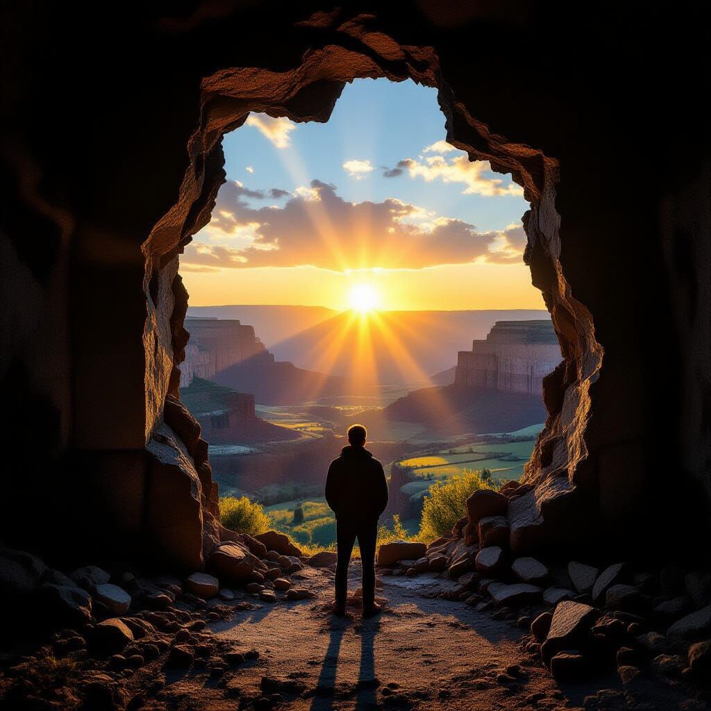 Silhouette at Cave Opening Reveals Sunlit Valley