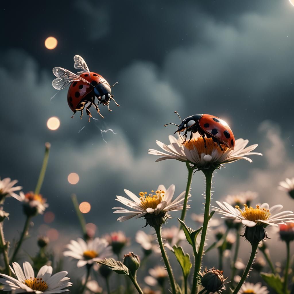 Macro 3D Ladybug on Flower in Moonlight