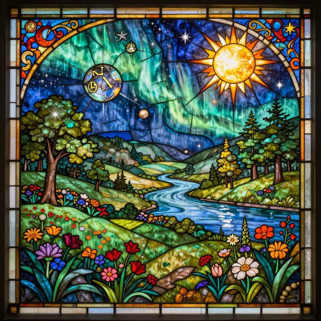 Stained Glass Valley Eclipsed by Celestial Wonders