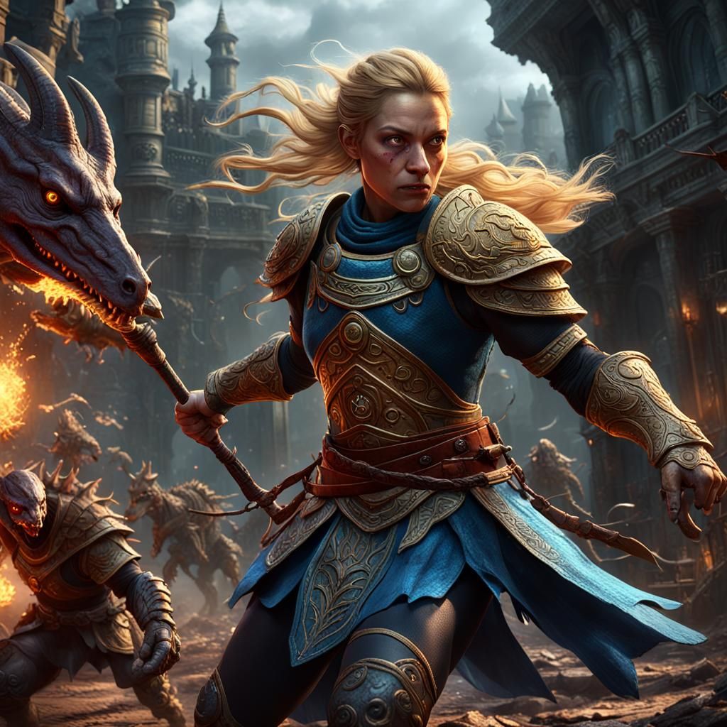 Warrior Girl vs Minotaurs: Detailed Matte Painting