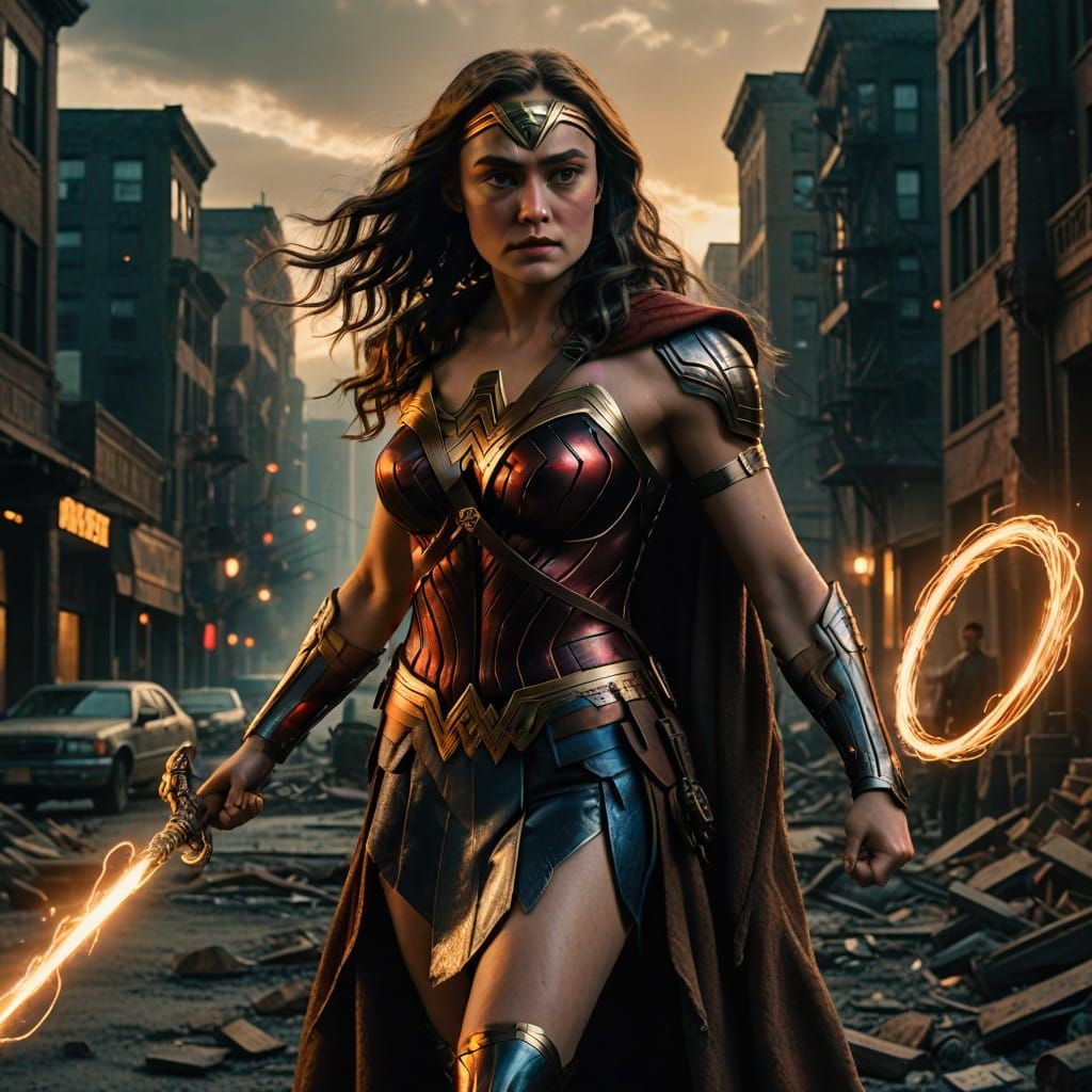Wonder Woman in Epic War-Torn Cityscape Cinematic Portrait