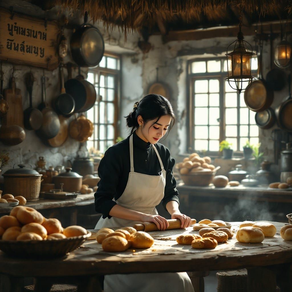 Cozy Bakery Scene with Thai Baker