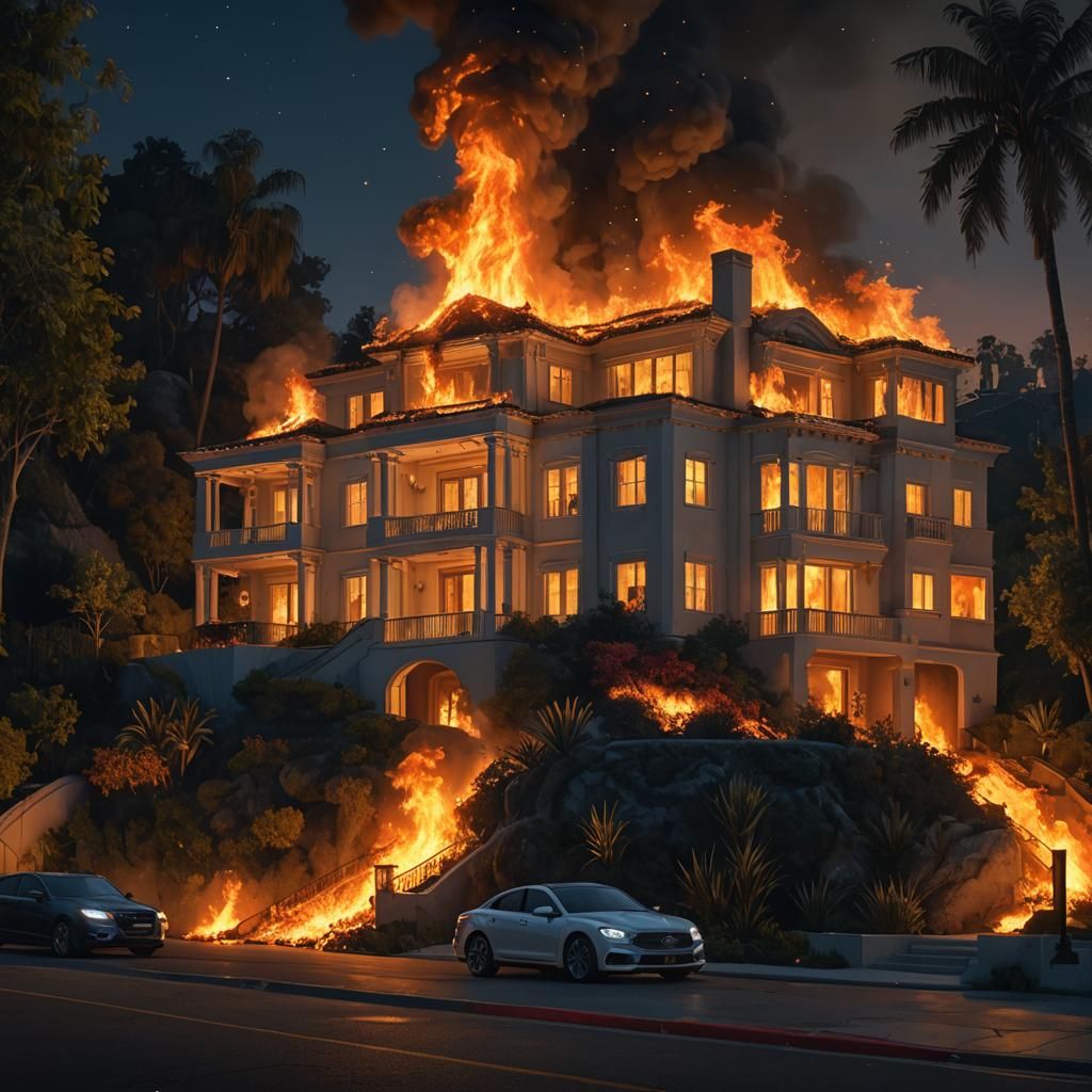 Hollywood Mansion Engulfed in Flames at Night