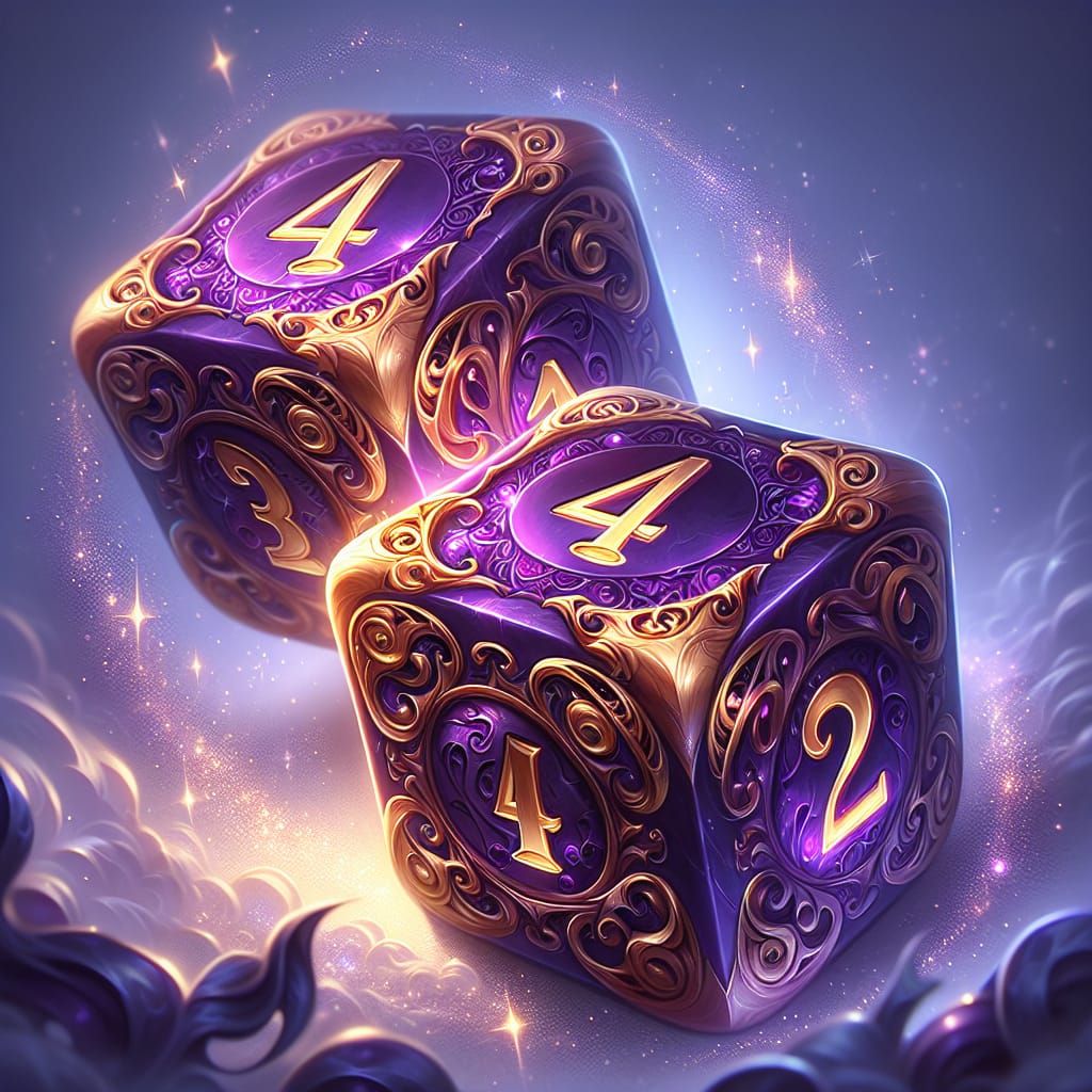 Enchanted Purple Dice in Mystical Fantasy Landscape