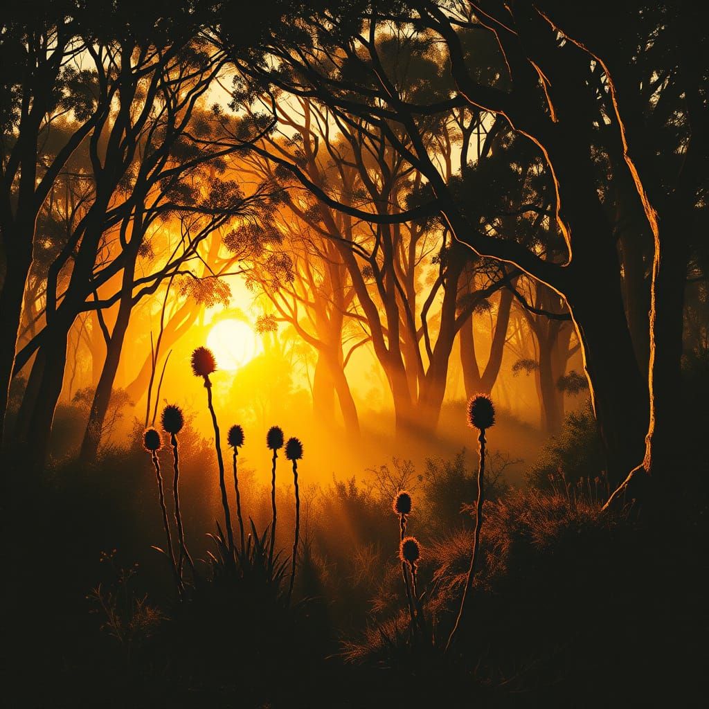 Golden Australian Bush Landscape with Silhouetted Trees