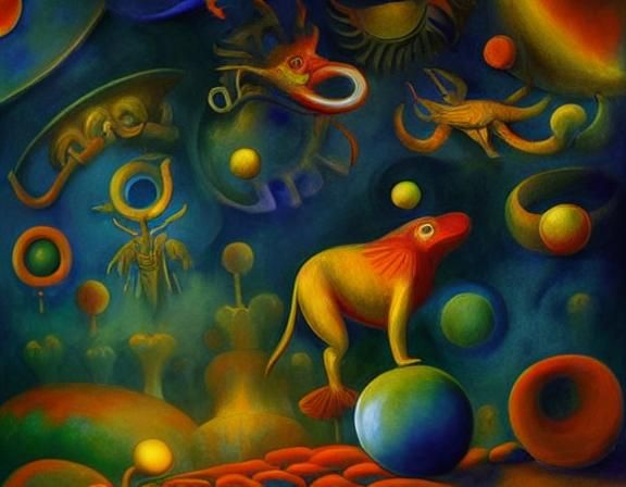 yellow jester juggler with psilocybe head throwing juggling 3 orange fireballs, 3D fractal/mendelbrot, pale complementar...