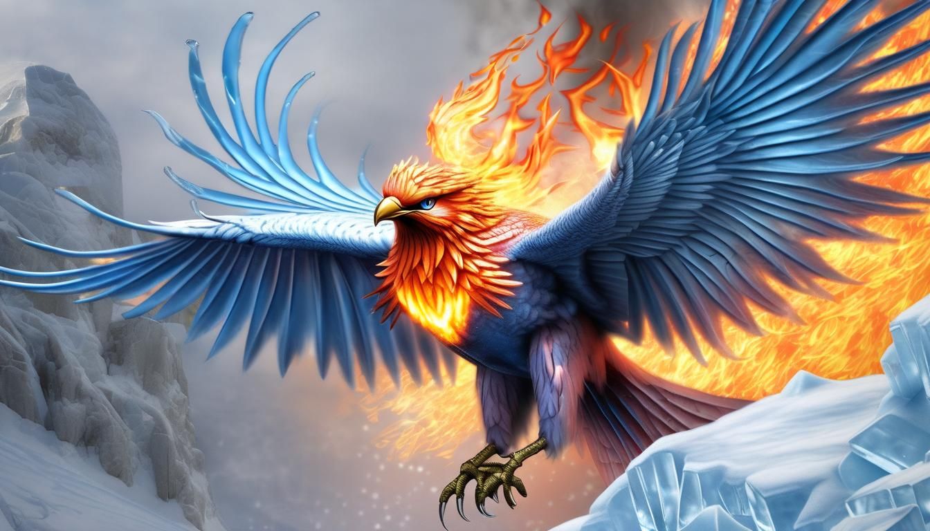 Photorealistic Firebird Phoenix in Ice and Fire