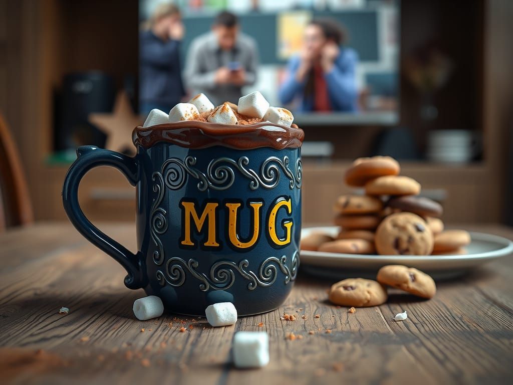 Whimsical Dark Blue Mug Overflowing with Hot Chocolate and C...