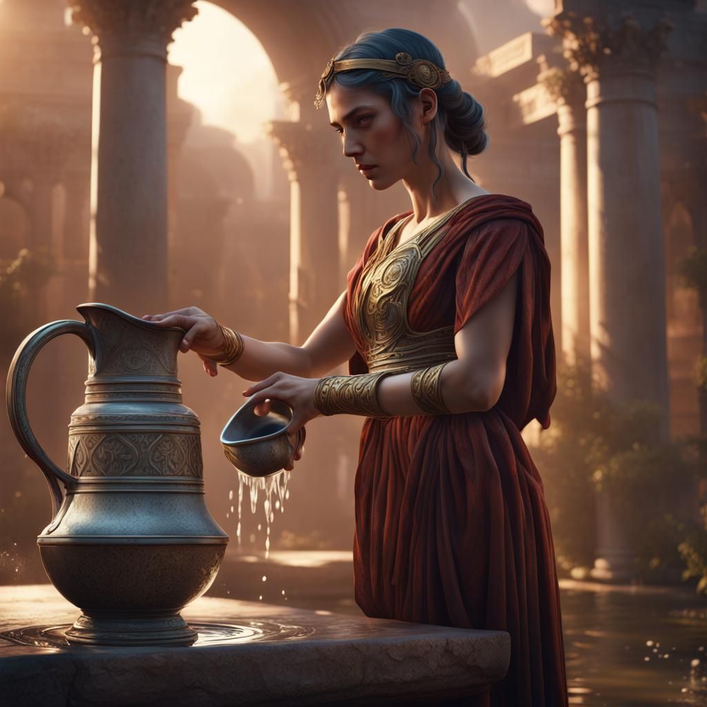 Girl in Roman Dress Pouring Water, Art Deco Style