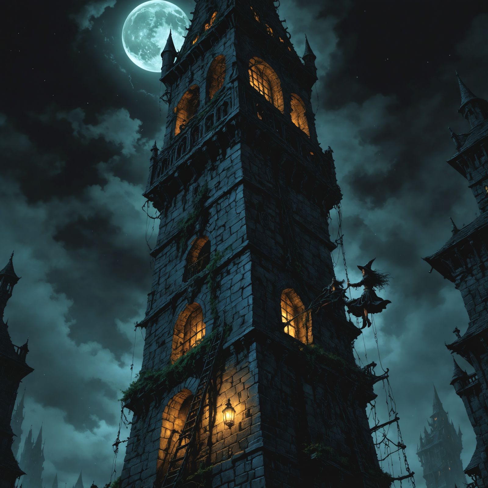 Mysterious Witch Climbs Magic Tower, Dark Fantasy Art