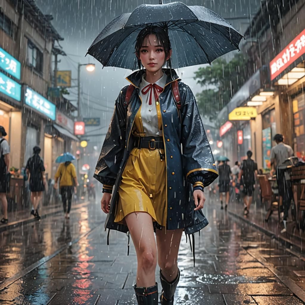 Anime Style Young Woman Enjoying Rain