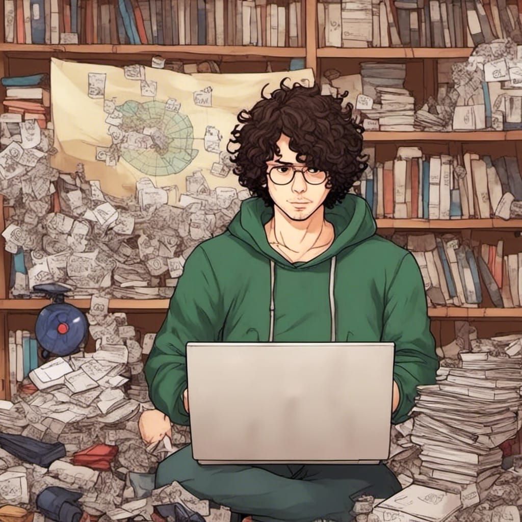 Man with Computer and Shield in Anime Style